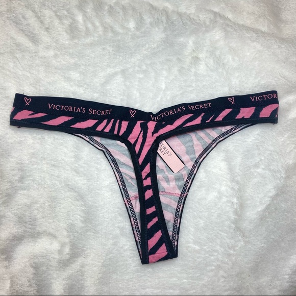 NWT Victoria’s Secret Pink Black Zebra Print Logo Cotton Thong - Picture 9 of 11